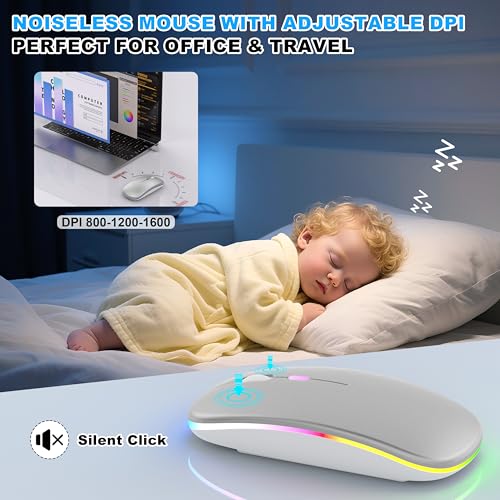 LED Bluetooth Wireless Mouse for MacBook Air Mac Pro Laptop iPad–Silver | Rechargeable Silent Light-Up Optical Mouse with Jiggler Dual Mode BT5.2 & USB-A/USB-C for Students Kids Girls Boys