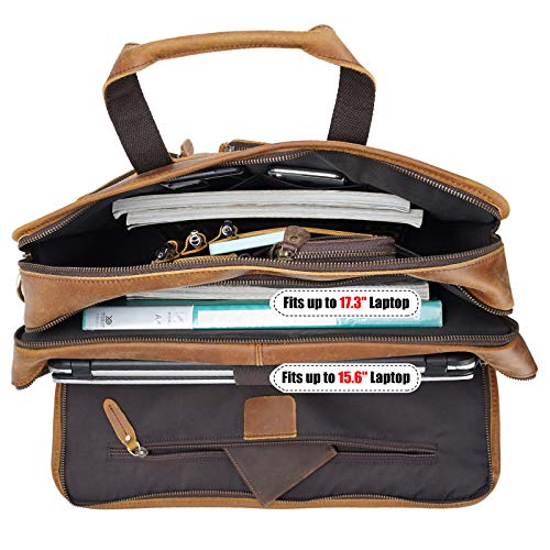 Men's Full Grain Leather Briefcase Large 17 Inch Business Travel Laptop Messenger Bag Tote with YKK Metal Zippers - color: Light Brown