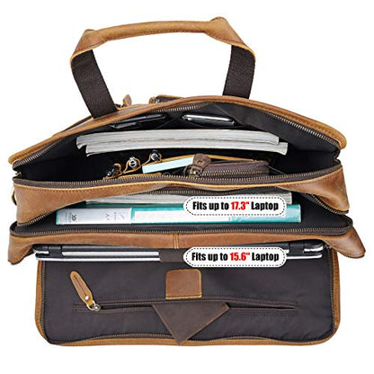 Men's Full Grain Leather Briefcase Large 17 Inch Business Travel Laptop Messenger Bag Tote with YKK Metal Zippers - color: Light Brown