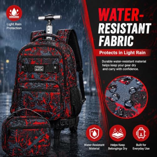 3Pcs Rolling Backpack for Boys, 19 Inche Adults Roller Bag with Wheels, Graffiti Wheeled Bookbag Set for Men(Red) - color: Graffiti Red