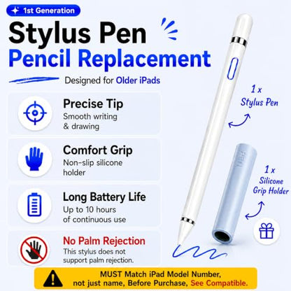 Stylus Pen Pencil 1st Generation Gen Replacement for Apple iPad Pro 1st iPad 1st 2nd 3rd 4th 5th iPad Mini 1 2 3 4 iPad Air 1st 2nd iOS Android Capacitive Tablet Touch Screen + Free Holder (White) - color: White