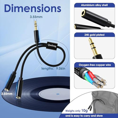1Pcs Headphone Splitter, Dual Headphone Nylon Braided Extension Cable, Hi-Fi Audios Stereo Y Splitter 3.5mm 2 Female 1 Male, Suitable for Phones, PS4, Amplifiers, Smartphones, Tablets,etc.