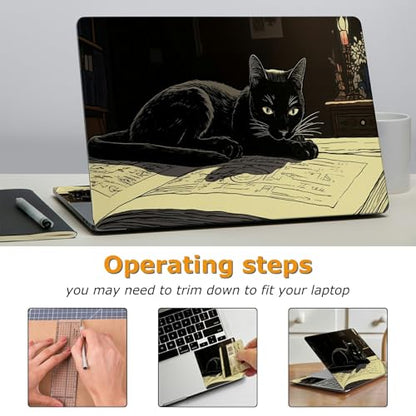 Universal Laptop Skin Sticker with 2 Wrist Pad Decals, 3-Piece Removable Vinyl Laptop Cover, Black Cat Reading Book Waterproof Anti-Scratch, Easy-Trim Fit for 13.3" 14" 15.6" Laptops - color: Black Cat Reading Book