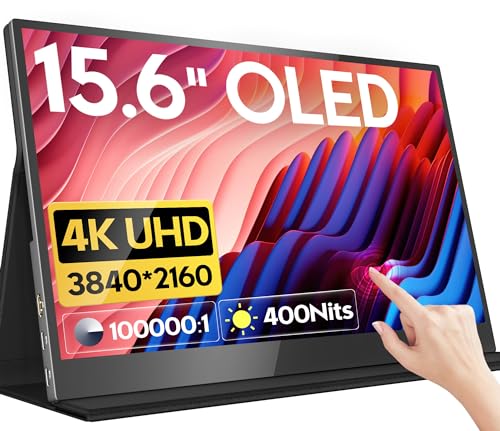 HONGO 4K OLED Portable Monitor, 15.6 Inch Touchscreen UHD 3840X2160 100% DCI-P3 100000:1 Multi-Touch HDR USB-C HDMI Travel Monitor for Laptop PC Phone Mac Xbox PS5/PS4