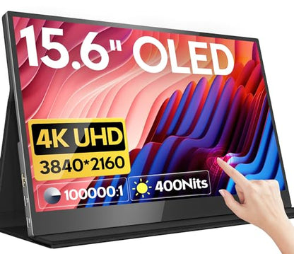 HONGO 4K OLED Portable Monitor, 15.6 Inch Touchscreen UHD 3840X2160 100% DCI-P3 100000:1 Multi-Touch HDR USB-C HDMI Travel Monitor for Laptop PC Phone Mac Xbox PS5/PS4