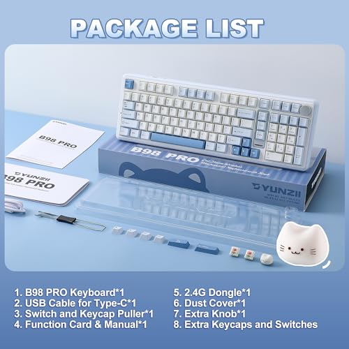 YUNZII B98 PRO QMK/VIA Wireless Mechanical Gaming Keyboard,96% Layout with Numpad and Cute Cat Knob, BT/2.4G/USB-C,Linear Switch Hot Swap Gasket,RGB for Win/Mac (Blue, Milk V2 Linear Switch) - color: Blue, size: Milk V2 Linear Switch