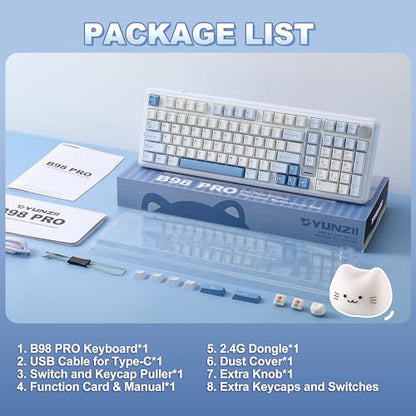 YUNZII B98 PRO QMK/VIA Wireless Mechanical Gaming Keyboard,96% Layout with Numpad and Cute Cat Knob, BT/2.4G/USB-C,Linear Switch Hot Swap Gasket,RGB for Win/Mac (Blue, Milk V2 Linear Switch) - color: Blue, size: Milk V2 Linear Switch