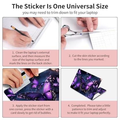 15.6 Inch Laptop Skin Sticker, Reusable Vinyl Cover Protector with 2 Wrist Pad Skins, Removable Waterproof Scratch-Resistant for 12-15.6 Inch Laptop Notebook,Purple Butterfly with Glittering - color: Purple Butterfly With Glittering