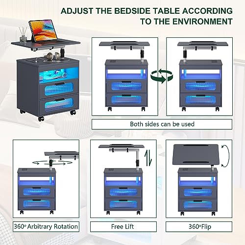 HNEBC LED Nightstand Set of 2 with Charging Station & Adjustable Overbed Desk, 3 Color LED Lights & Body Sensor, Mobile Bedside Table with Wheels, 2 Drawers & Open Shelf for Bedroom(Grey) - color: 9603-2-grey