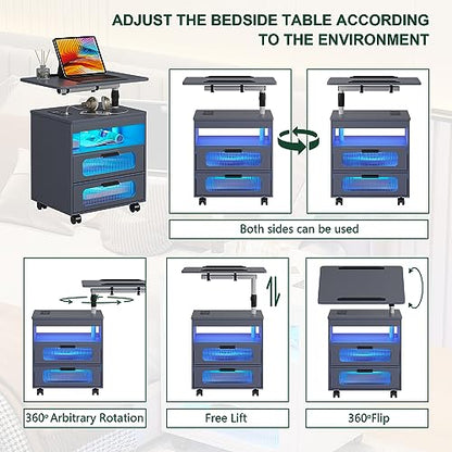 HNEBC LED Nightstand Set of 2 with Charging Station & Adjustable Overbed Desk, 3 Color LED Lights & Body Sensor, Mobile Bedside Table with Wheels, 2 Drawers & Open Shelf for Bedroom(Grey) - color: 9603-2-grey