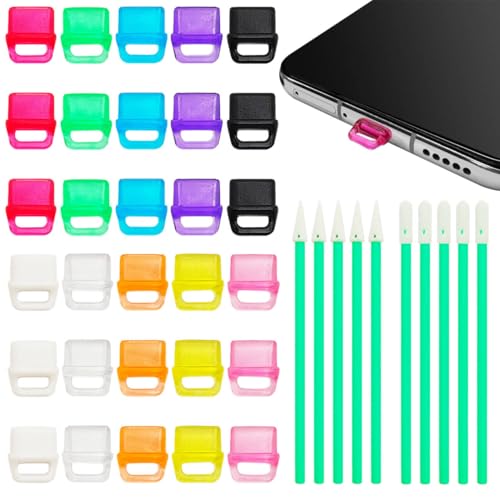 30 Pcs USB C Dust Plug Charm Colorful Type C Charging Port Plastic Anti Dust Cover with Hanging Hole, with 10 Pcs Cleaner Sticks(2 Styles), Compatible with Type-C Devices Laptops Tablets Smart Phones