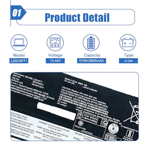 57Wh L20C4P71 L20M4P71 Laptop Battery Replacement for Lenovo ThinkPad X1 Carbon 10th Gen X1 9th Gen 9 2021 Yoga 6th 7th Gen 2022 Series 5B10W13974 SB10T83216 L20D4P71 L20L4P71 15.44V 3695mAh - size: 10.62*3.71*0.29 inch L20C4P71