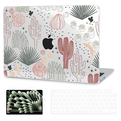 G JGOO Compatible with MacBook Air 13 inch Case 2026 2025-2022 M5 A3449 M4 A3240 M3 A3113 M2 A2681, Clear Hard Shell for MacBook Air 13.6 inch Case + Keyboard Cover + Screen Protector, Catus - color: Cactus