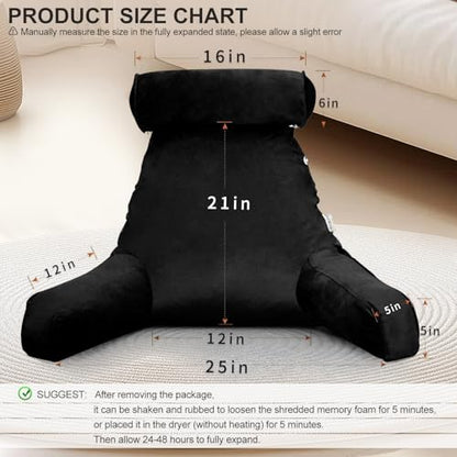 Reading Pillow for Adults Sitting‑Up in Bed, Backrest with Arms | Detachable Neck‑Cushion; Shredded Memory‑Foam; Side Pockets; Washable Velvet Cover; Gaming & TV, Sofa Use - color: Black