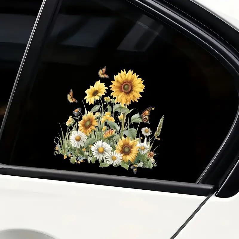 Sunflower and Butterfly PVC Vinyl Car Decals Stickers Waterproof Self-Adhesive Decals for Cars, Laptops, Trucks, Motorcycles Wall Window Luggage Scratch Cover Door Decor Sticker