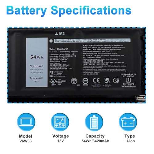 54Wh V6W33 Laptop Battery Replacement for Dell Inspiron 3511 3515 3525 3530 3535 5310 5320 5330 5410 5420 5425 5430 5435 5440 Latitude 3320 3430 3520 3530 Vostro 3435 3510 5510 5620 Series - size: 10.24*3.23*0.28inch V6W33