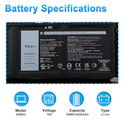 54Wh V6W33 Battery Replacement for Dell Inspiron 3511 3515 3520 3521 3525 3530 3535 5310 5330 5410 5418 5415 5420 Latitude 3320 3420 3430 3520 3530 Vostro 3420 3435 3510 5620 5625 Series - size: 10.24*3.23*0.28inch V6W33