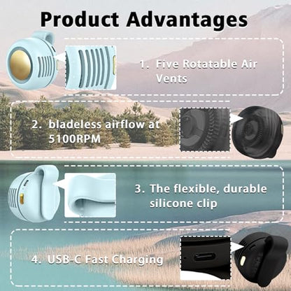 Portable Clip-On Fan, Mini USB Rechargeable 360° Rotatable Fan, Personal Fan 3-Speed Silent Mini Bladeless Fans (2 pack（Black and Blue）) - color: 2 pack（Black and Blue）