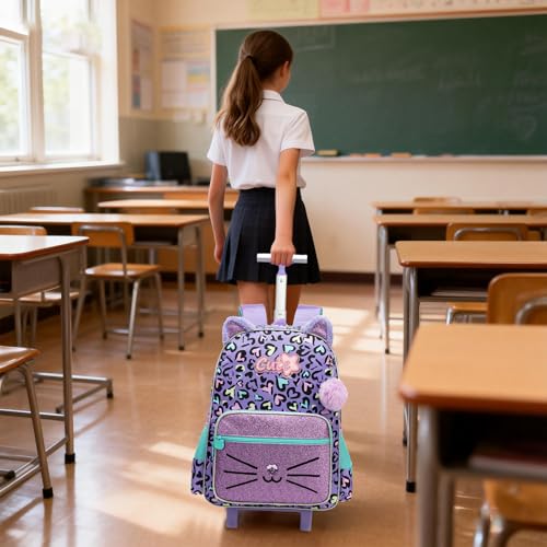 Meetbelify Backpack with Wheels for Girls Rolling Backpack Cute Carry on Backpack for Elementary Student - color: Cat Purple