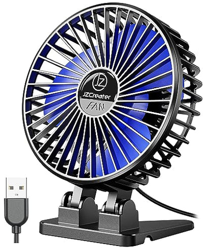 JZCreater USB Desk Fan, Mini Portable Fans, 3 Speeds Desktop Table Cooling Fan, Plug in Power, Rotation Strong Wind, Quiet Personal Small for Home Office Travel Bedroom, Black Blue - color: Black Blue