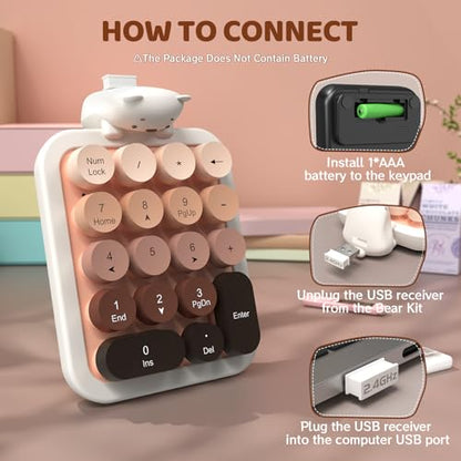 Ajazz AF18 Wireless Numeric Keypad, 2.4G USB Wireless Connection, Ergonomic 18-Key Compact Silicone Bear Design, Gradient Keycaps, Detachable & Portable Number Pad for PC, Laptop Milk Tea - color: Milk Tea