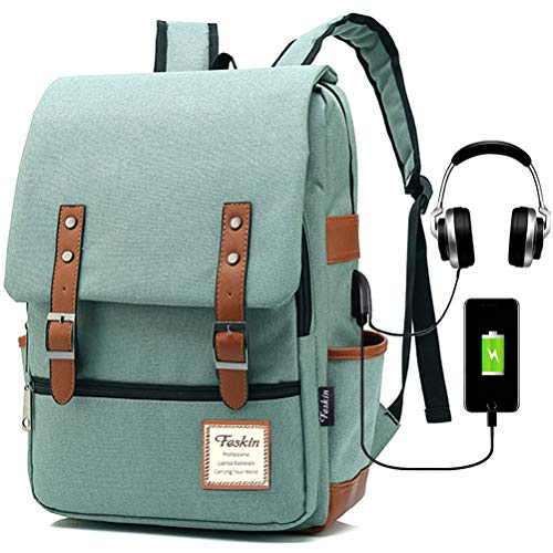 Vintage Laptop Backpack for Women Men, School College Backpack with USB Charging Port & Headphone Jack, Fashion Backpack Fits 15.6 inch Notebook - Green-Function Update - color: Green