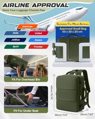 Travel Backpack for Women Men with Compression Vacuum Storage Bag & Electric Pump, Flight Approved Carry On Backpack, Frontier Spirit Airlines Personal Item Bag 18x14x8, Olive Green - color: Olive Green