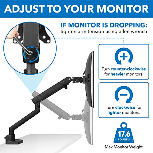 Mount-It! Single Monitor Arm Desk Mount for 24-32 Inch Computer Monitor, Full Motion Aluminum Mount, VESA 75x75 100x100, Holds up to 17.6 lbs, Cable Management, C-Clamp and Grommet Base, Black