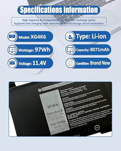 97Wh XG4K6 Battery Replacement for Dell XPS 17 9700 9710 9720 9730 Precision 5750 5760 5770 Series P92F P92F001 P92F002 P92F003 01RR3 001RR3 F8CPG 0F8CPG 0YY3V - size: 12.9*3.54*0.39 inch XG4K6