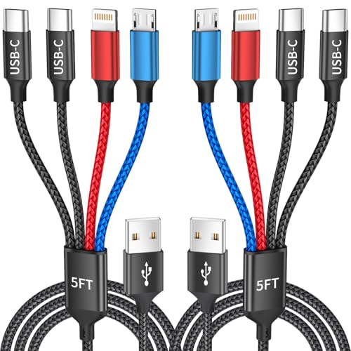 Dual TypeC 4 in 1 Multi Charging Cable, Charging Cords for Multiple Devices | 2Pack 5FT USB Cable, Universal Phone Charger Cord for iPhone17-8/Androids/iPad and More, Travel Essentials Car Accessories - color: Black&Red&Blue, size: 2Pack 5FT