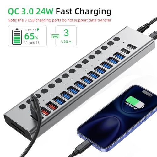 Powered USB Hub 10Gbps, 17 Ports USB 3.2 Hub, 96W Power Adapter | 10 USB-A 3.2, 3 QC 24W Fast Charging, 2 USB-C 3.2, SD/TF, 12V/8A Power Adapter for Laptop, PC, Computer, HDD, Flash Drive - color: Silver