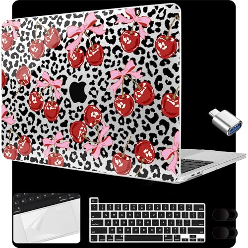 MEEgoodo for MacBook Pro 13 inch Case 2022 2021 2020 A2338 M2/M1 A2251 A2289 with Touch ID,Clear Laptop Hard Shell Cases with Keyboard Webcam Cover & Trackpad Film & Type C Adapter, Leopard & Cherry - color: Leopard & Cherry