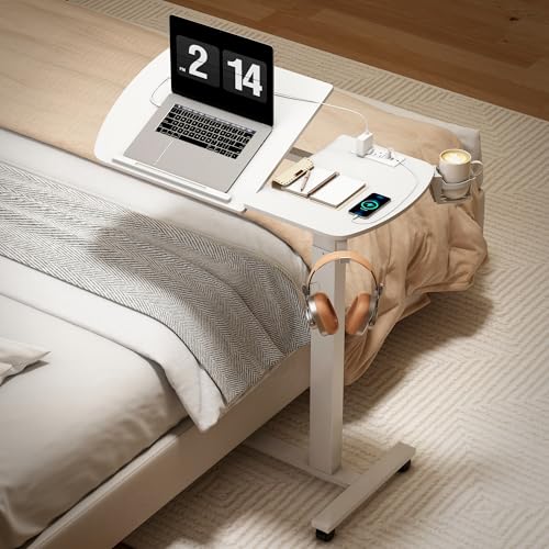 6 In 1 Overbed Table, 32'' Long Hospital Bed Table,Bedside Table (White) | 32'' Length, 0- 90°Adjustable Tilt, Standing Desk Charging Station, Cup Holder, Hook, 30''-43'' Height Home Hospital Office - color: White