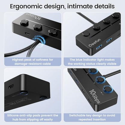 Qeefun 4-Port USB 3.2 Hub with 2 USB-C and 2 USB-A Ports, Individual LED Power Switches,10Gbps Data Transfer USB Splitter with 4ft Extension Cable, Multiple USB Extender for Laptop, PC, iMac etc - style: A to 2A+2c 3.2