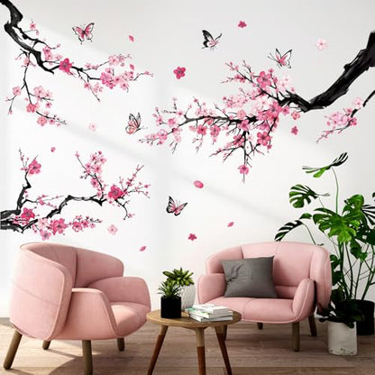 Pink Butterflies and Botanical Plum Blossom Trees Wall Stickers Vinyl Wall Decals for Nursery Bedroom Living Room Bathroom - color: Pink Plum