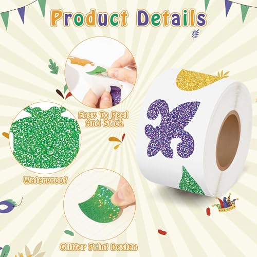CNhoqc Carnival Sticker Roll, 1000 Pcs Glitter Masquerade Scrapbook Sticker | Fleur-De-Lis Mask Drum Glitter Waterproof Vinyl Reusable Laptop Coloring Book Water Bottle Page Activity Pad Party Favors - style: Mardi Gras