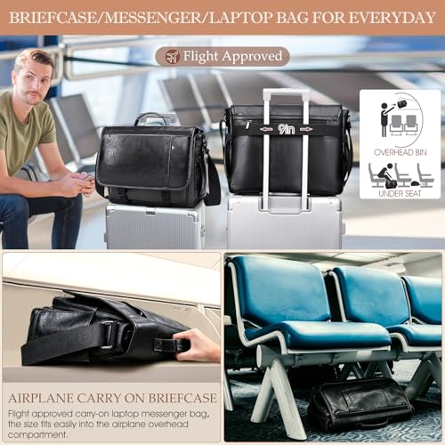 Messenger Bag for Men: Laptop Bag PU Leather Work Briefcase Large Carry On Computer for Office College Travel - color: Pu Black