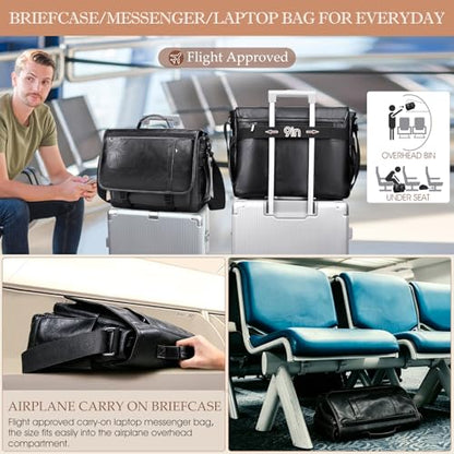 Messenger Bag for Men: Laptop Bag PU Leather Work Briefcase Large Carry On Computer for Office College Travel - color: Pu Black