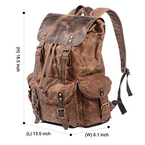 WUDON Leather Backpack for Men, Waxed Canvas Shoulder Rucksack Carry-On Travel Backpack - color: Coffee-regular