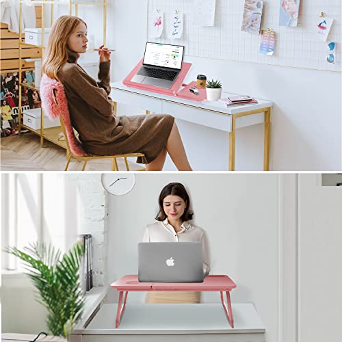 Laptop Bed Desk for Couch, 5-Angle Adjustable Laptop Bed Table for Adults | Foldable Lap Desk for Adults with Cup Holder, Bed Desk for Laptop and Writing,Working,Eating,Bed Tray Table for Laptop, Pink