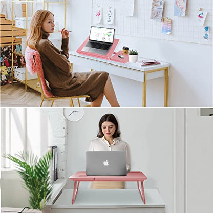 Laptop Bed Desk for Couch, 5-Angle Adjustable Laptop Bed Table for Adults | Foldable Lap Desk for Adults with Cup Holder, Bed Desk for Laptop and Writing,Working,Eating,Bed Tray Table for Laptop, Pink