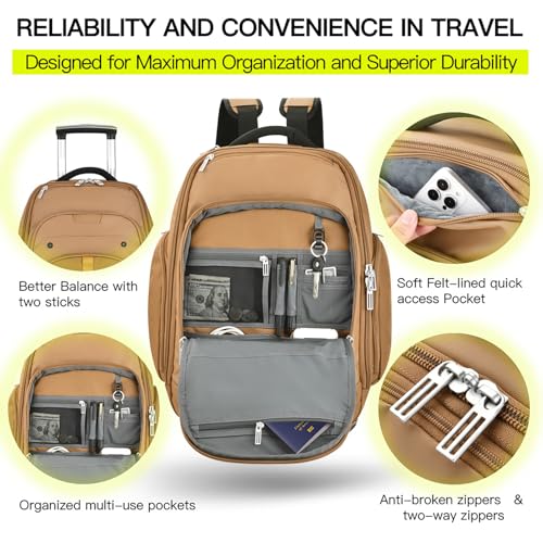 Heliar Rolling Backpack with Wheels | Wheeled Roller Backpack for Business & Travel, Adjustable 13-18 Inch Laptop Backpack with Laptop Compartment & Carry-On Design - color: Brown