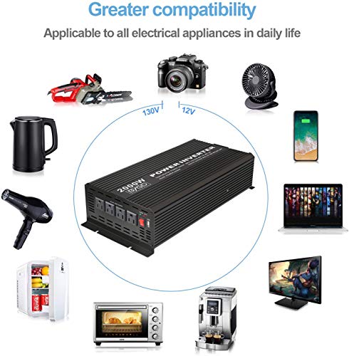 BYGD 2000W Power Inverter 12V DC to 110V AC Inverter Converter with 4 AC Outlets Dual 2.1A USB Ports for Home, RV, Boat, Truck, Off-Grid Solar System - size: 2000W