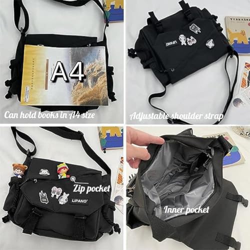 Aesthetic Crossbody Bag with Cute Pins and Ornament, Nylon Shoulder Messenger Bag Japanese Kawaii Bag for Women Men - color: L-black-fit Laptop