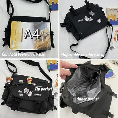 Aesthetic Crossbody Bag with Cute Pins and Ornament, Nylon Shoulder Messenger Bag Japanese Kawaii Bag for Women Men - color: L-black-fit Laptop