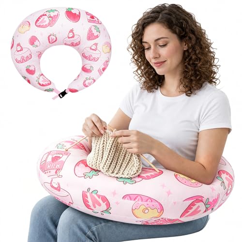 Ergonomic U-Shaped Gaming & Lap Pillow for Crocheting - Cute Strawberry Milk Crochet Pillow with Elbow & Arm Support, Lap Desk Pillows for Reading, Playing or Crocheting, Suitable for Adults - Pink - color: Strawberry Milk - Pink