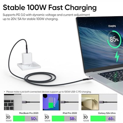USB C 3.2 Gen 2 Cable 10ft Long, 4K@60Hz Video Monitor Display 10Gbps High Speed Data Transfer 100W Fast Charging Cord for PS5 Xbox Steam Deck iPhone 17 Galaxy S26 Laptop Monitor