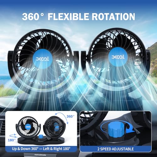 XOOL Car Fan 12V Portable Auto Cooling Fan with Cigarette Lighter Plug, 360° Rotatable High Power Vehicle Fan for Truck SUV RV - size: Cigarette Dual Fan - Front (Enhanced)