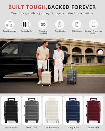 Expandable 20Inch Carry On Luggage Airline Approved - Top Opening Hardside Travel Suitcase Unbreakable -with Cup Holder,USB Charge,Side Pothook, 360°Spinner Wheels, TSA Lock-Black - color: Black, size: 20 Inch-EXT