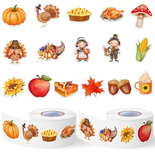 Haooryx Thanksgiving Watercolor Sticker Roll - 1000 Pcs (2 Rolls) Thanksgiving Theme Autumn Element Sticker, Waterproof Self-Adhesive, for Kid DIY Party Favor Supplies School Teacher Classroom Reward - style: Thanksgiving Watercolor 2Roll